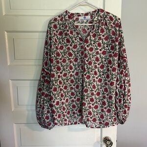 Miss Madigan Floral Women's Top - Red and Green with Balloon Sleeves